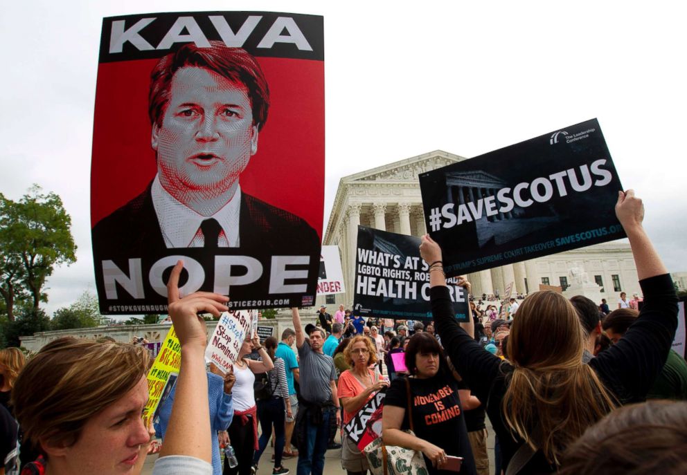 PHOTO: Demonstrators protest against Supreme Court nominee Brett Kavanaugh at the U.S. Supreme Court in Washington, Oct. 6, 2018.