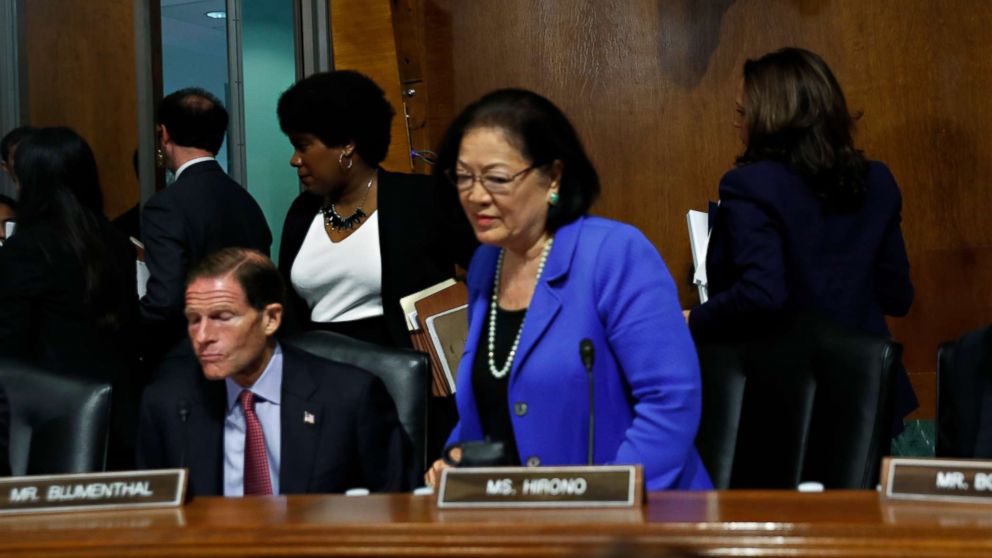 PHOTO: Democratic Senators stand to walk out of a Senate Judiciary Committee meeting ahead of a vote of Supreme Court nominee Judge Brett Kavanaugh, Sept. 28, 2018 on Capitol Hill in Washington.