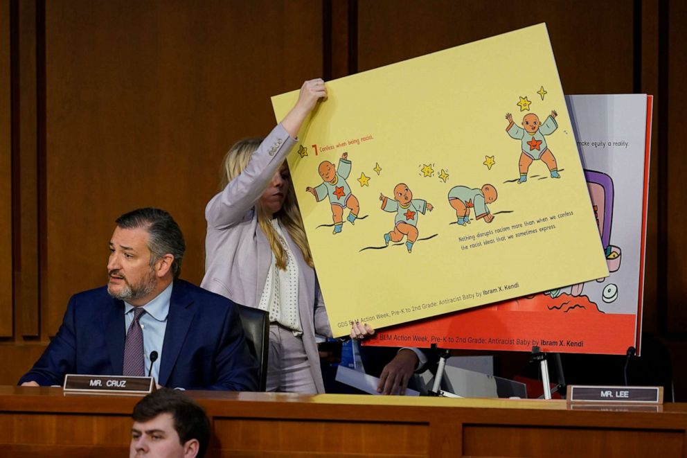 PHOTO: Sen. Ted Cruz speaks as a visual aid is displayed during Supreme Court nominee Judge Ketanji Brown Jackson confirmation hearing before the Senate Judiciary Committee in Washington, March 22, 2022.