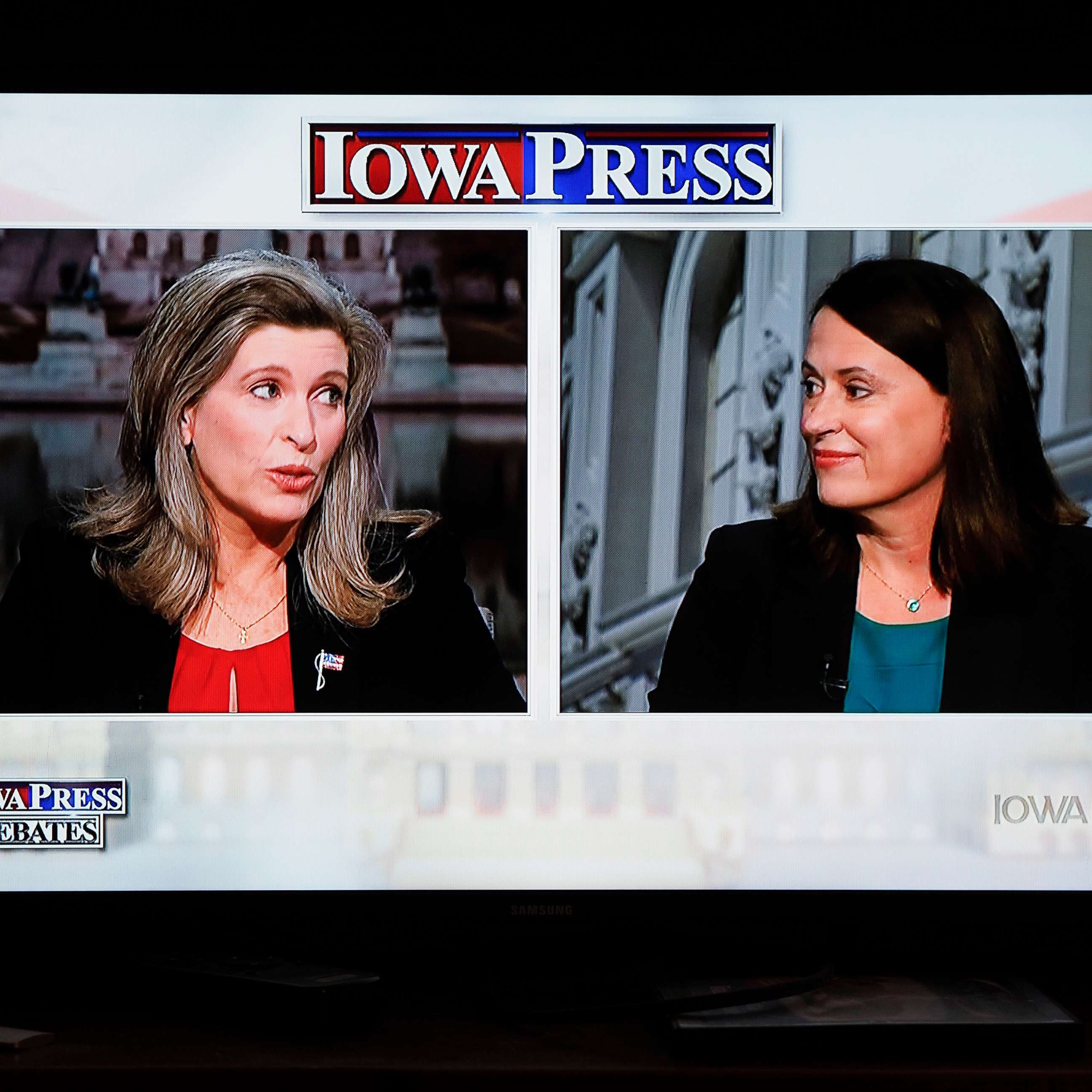 PHOTO: Sen. Joni Ernst and Democratic candidate Theresa Greenfield debate during an Iowa Press for Iowa's U.S. senate seat broadcast from Johnston, Iowa, Sept. 28, 2020.