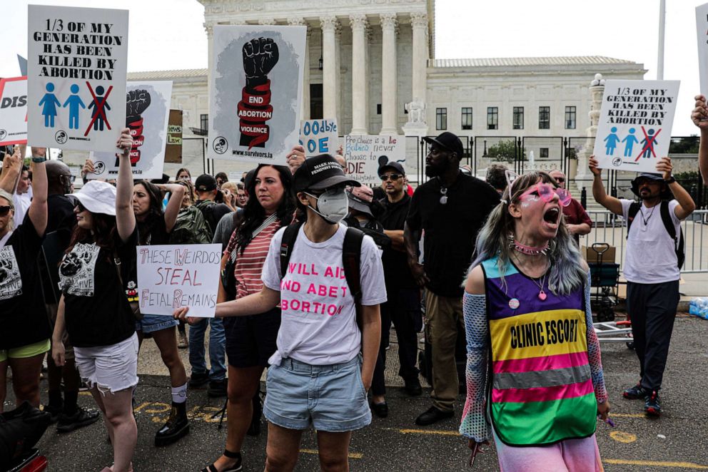 PHOTO: In this June 24, 2022, file photo, abortion rights and anti-abortion demonstrators stand outside the US Supreme Court in Washington, D.C.