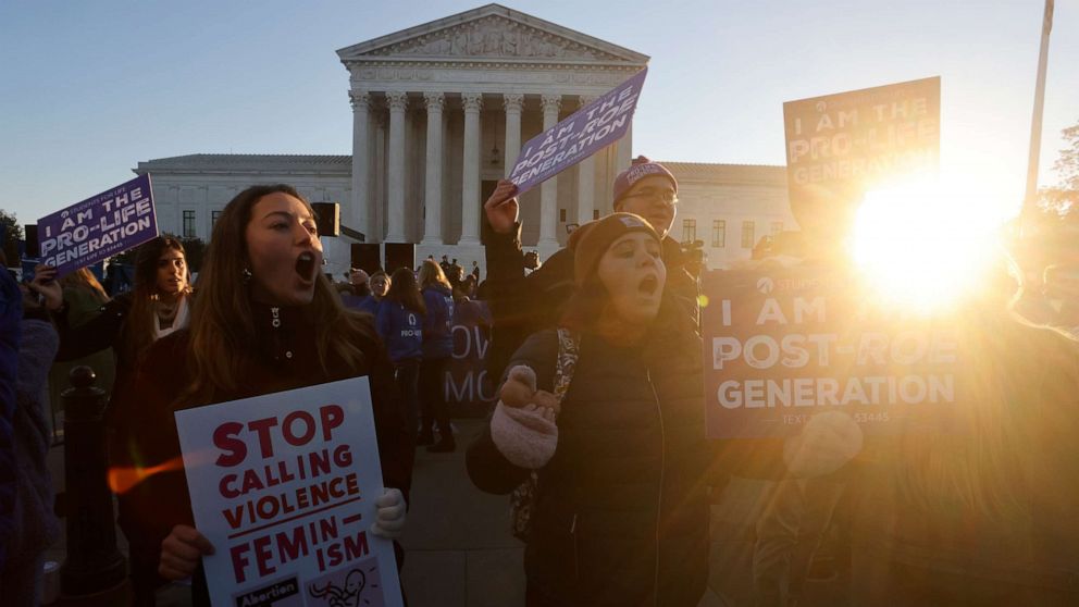 PHOTO: Anti-abortion rights activists protest outside the Supreme Court building, ahead of arguments in the Mississippi abortion rights case Dobbs v. Jackson Women's Health, in Washington, D.C., Dec. 1, 2021.