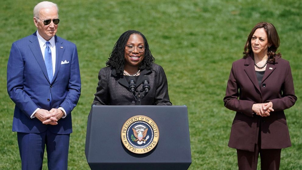 PHOTO: Judge Ketanji Brown Jackson, center, speaks during a ceremony on the South Lawn of the White House in Washington, April 8, 2022.