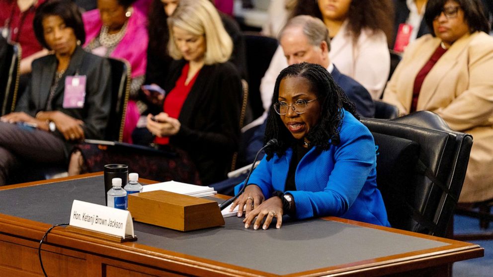 PHOTO: Ketanji Brown Jackson, associate justice of the U.S. Supreme Court nominee for U.S. President Joe Biden, speaks during a Senate Judiciary Committee confirmation hearing in Washington, March 23, 2022.