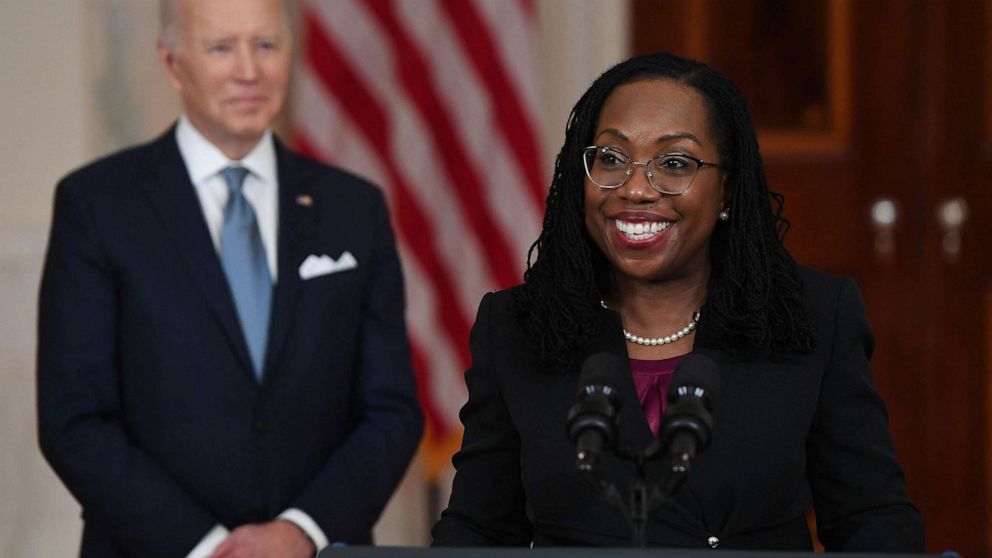 PHOTO: Judge Ketanji Brown Jackson, with President Joe Biden, speaks after she was nominated for Associate Justice of the US Supreme Court, in the Cross Hall of the White House in Washington, Feb. 25, 2022. 