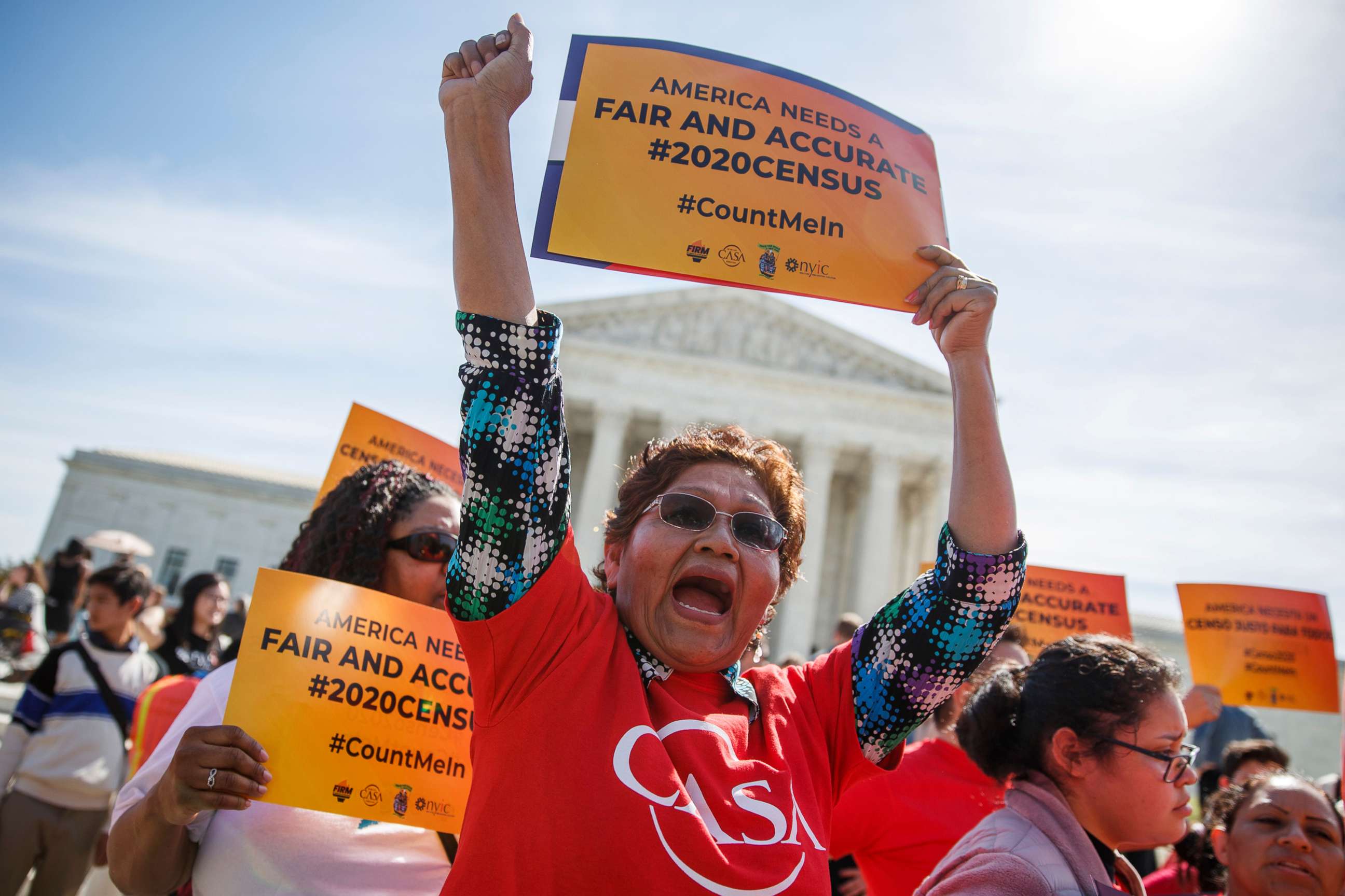 PHOTO: People protest against a citizenship question on the 2020 census in front of the Supreme Court in Washington, D.C., April 23, 2019.