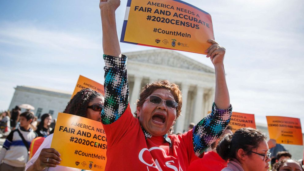 PHOTO: People protest against a citizenship question on the 2020 census in front of the Supreme Court in Washington, D.C., April 23, 2019.