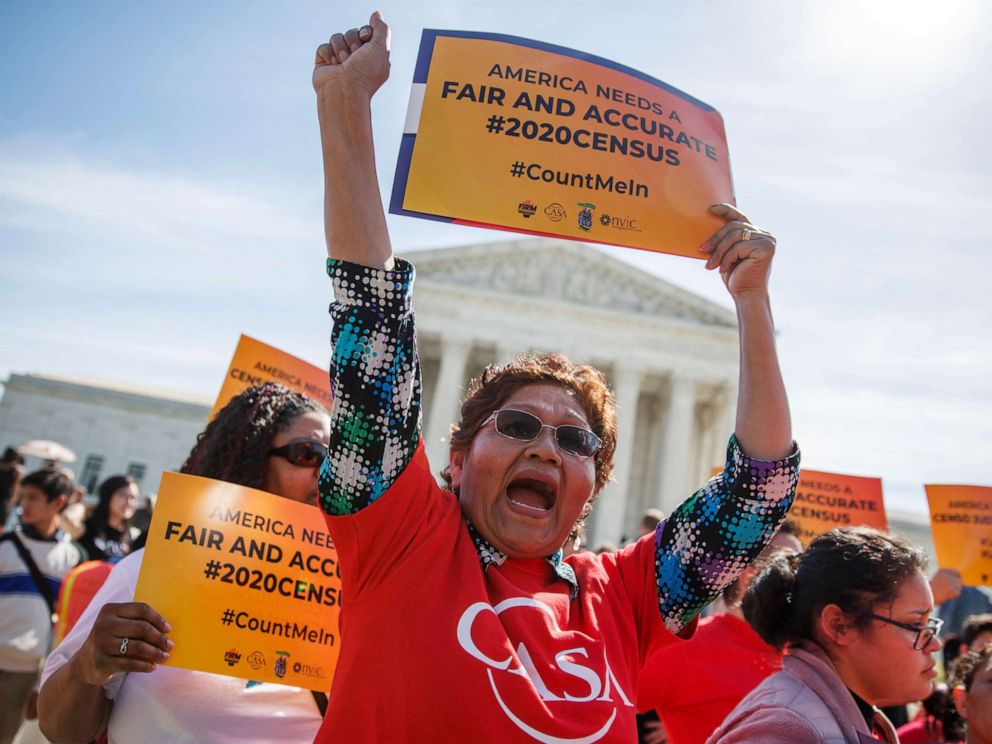 PHOTO: People protest against a citizenship question on the 2020 census in front of the Supreme Court in Washington, D.C., April 23, 2019.
