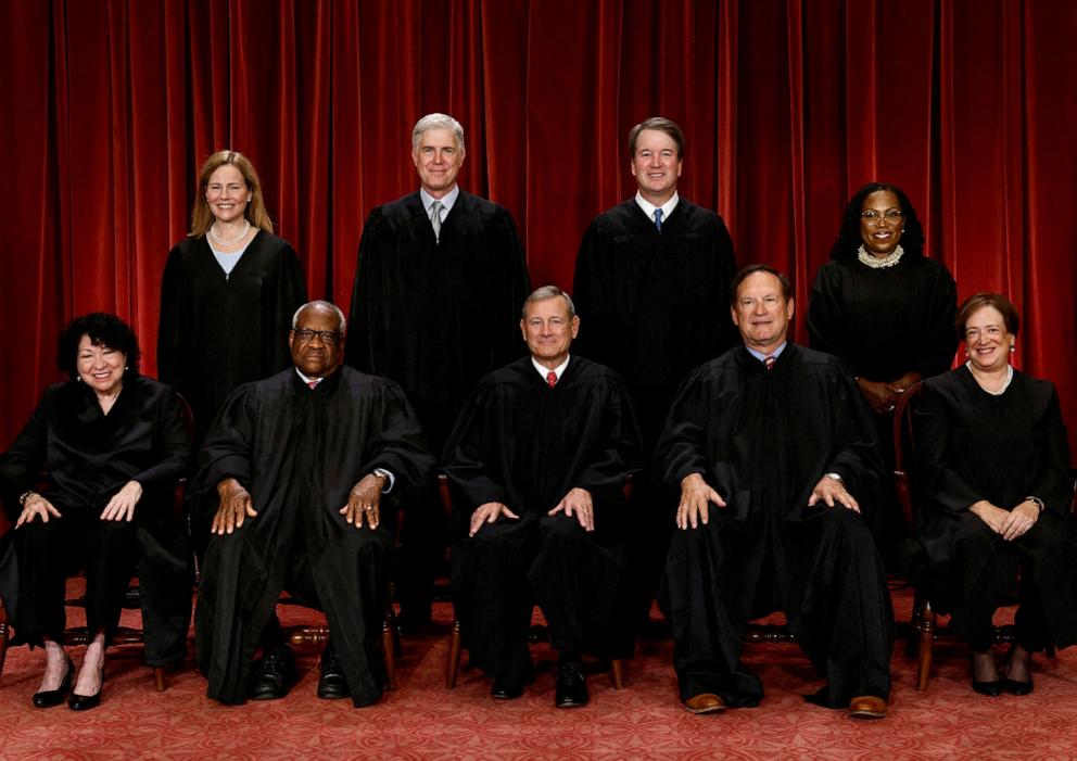 PHOTO: U.S. Supreme Court justices pose for their group portrait at the Supreme Court in Washington, Oct. 7, 2022.