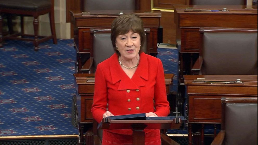 PHOTO: Susan Collins speaks on the Senate floor, Feb. 4, 2020, in Washington, DC.