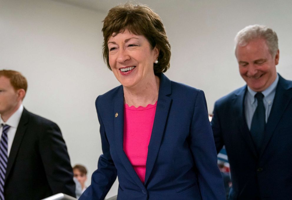 PHOTO: In this June 18, 2019, file photo, Sen. Susan Collins arrives at the Capitol in Washington to extend her perfect Senate voting record to 7,000.