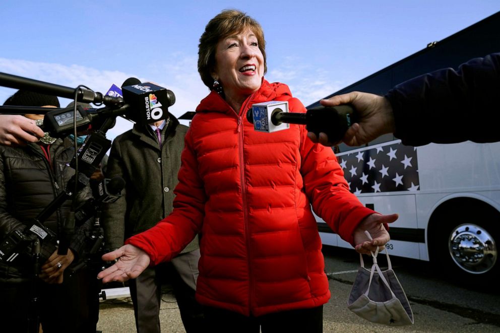PHOTO: Republican Sen. Susan Collins speaks to reporters on Nov. 4, 2020, in Bangor, Maine, after Democrat challenger Sara Gideon called her to concede Tuesday's election.