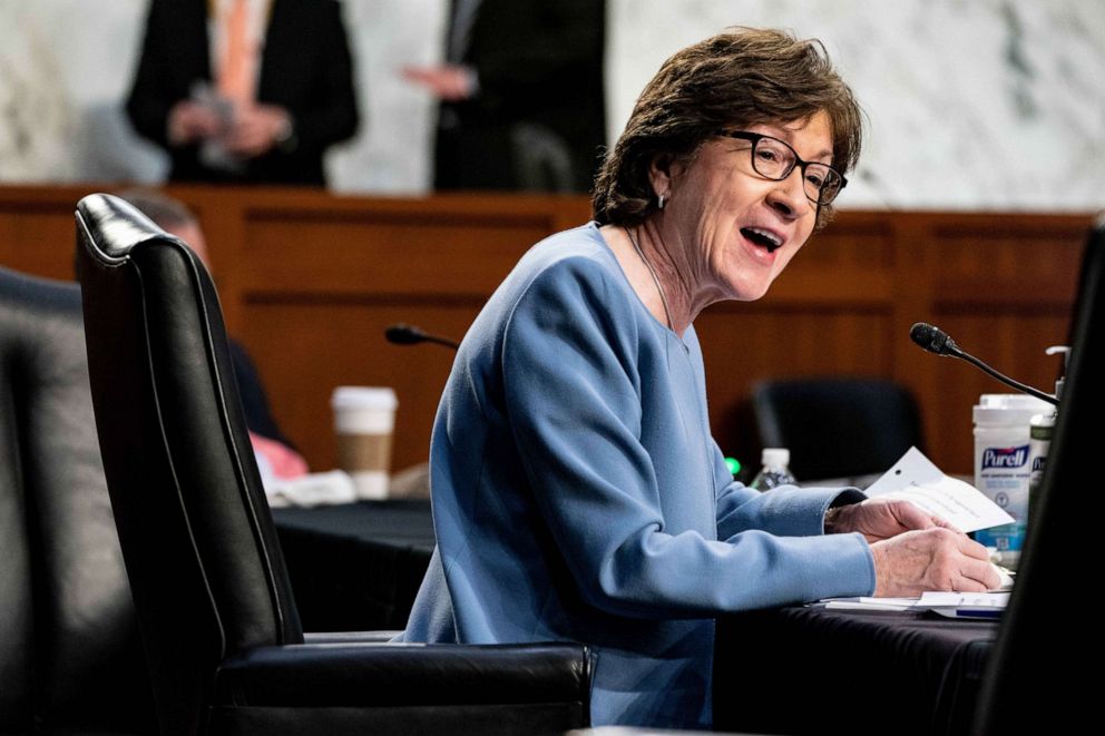 PHOTO: Sen. Susan Collins speaks during a hearing, with the Senate Committee on Health, Education, Labor, and Pensions, on the Covid-19 response, on Capitol Hill, March 18, 2021, in Washington, DC.