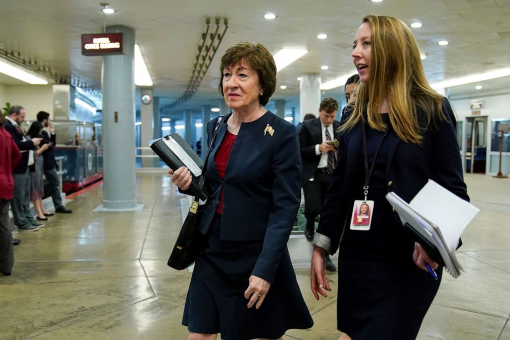 PHOTO: Sen. Susan Collins, center, arrives for a vote on Capitol Hill in Washington, Nov. 6, 2019.