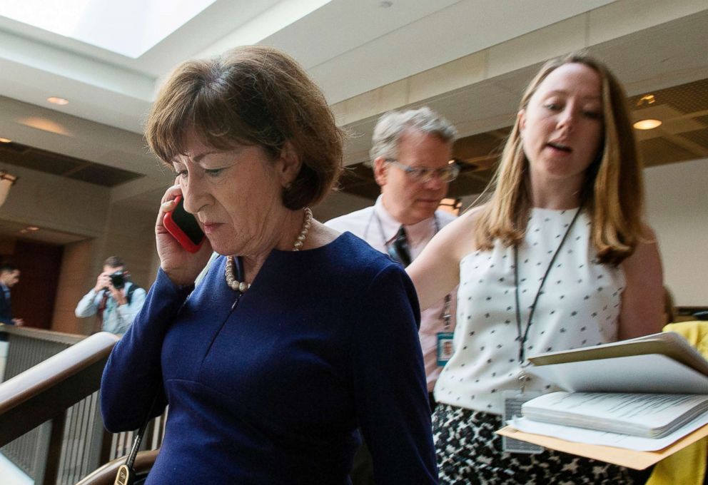 PHOTO: Senator Susan Collins, Republican of Maine, speaks on her phone as she walks to a room to read the report on the FBI investigation into Supreme Court nominee Brett Kavanaugh on Capitol Hill in Washington on Oct. 4, 2018.