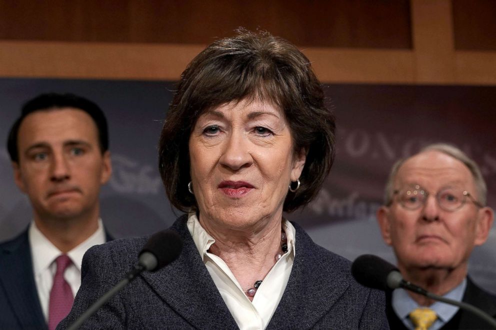 PHOTO: Sen. Susan Collins speaks during a news conference at the Capitol, March 21, 2018, in Washington, DC.