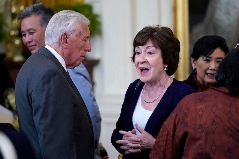 PHOTO: Sen. Susan Collins arrives for the signing the COVID-19 Hate Crimes Act, in the East Room of the White House, May 20, 2021, in Washington, D.C.