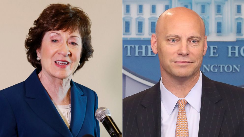 Pictured (L-R) are Sen. Susan Collins in Rockport, Maine, Oct. 13, 2017 and White House legislative director Marc Short in Washington, D.C., July 19, 2017.