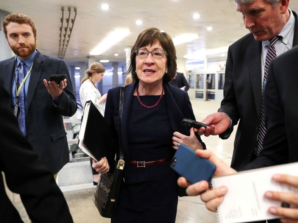 PHOTO: Senator Susan Collins speaks to reporters as she arrives for the weekly Republican Party caucus luncheon at the U.S. Capitol in Washington, Feb. 26, 2019.