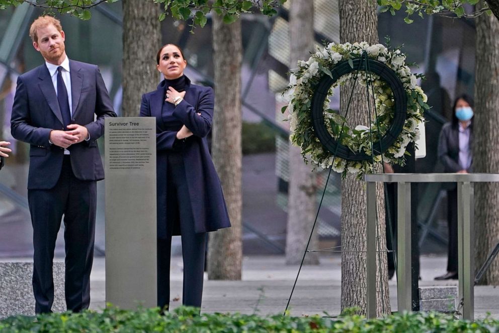 PHOTO: Meghan Markle and Prince Harry pause while getting a tour of the National September 11 Memorial and Museum in New York, Sept. 23, 2021.