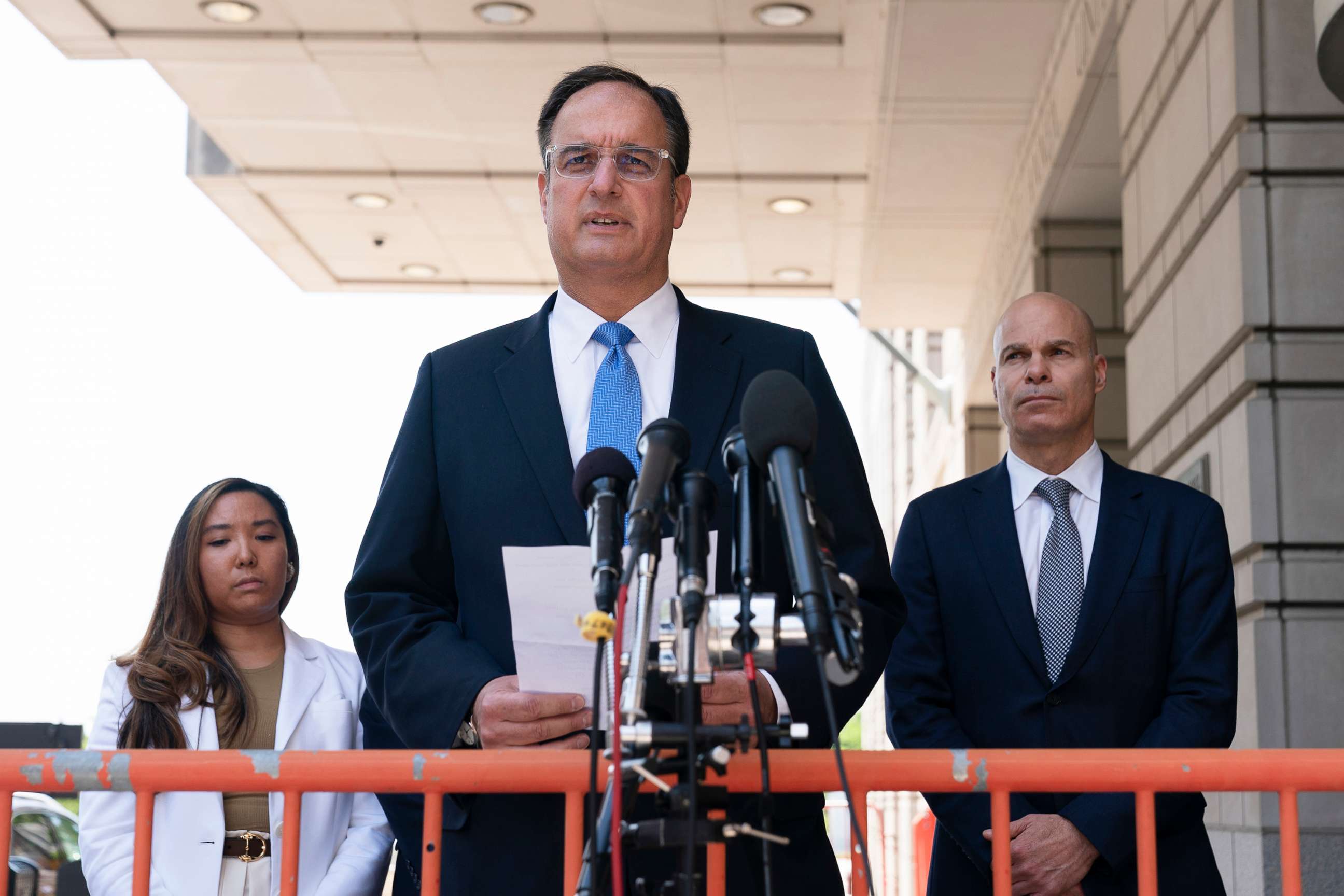 PHOTO: Michael Sussmann, a cybersecurity lawyer who represented the Hillary Clinton presidential campaign in 2016, speaks to members of the media outside the federal courthouse in Washington, D.C., May 31, 2022.