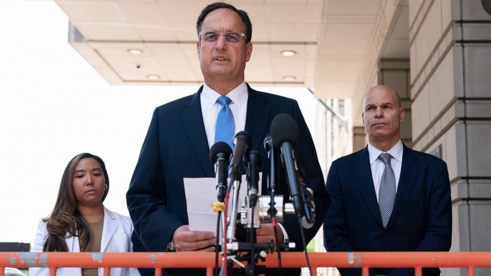 PHOTO: Michael Sussmann, a cybersecurity lawyer who represented the Hillary Clinton presidential campaign in 2016, speaks to members of the media outside the federal courthouse in Washington, D.C., May 31, 2022.