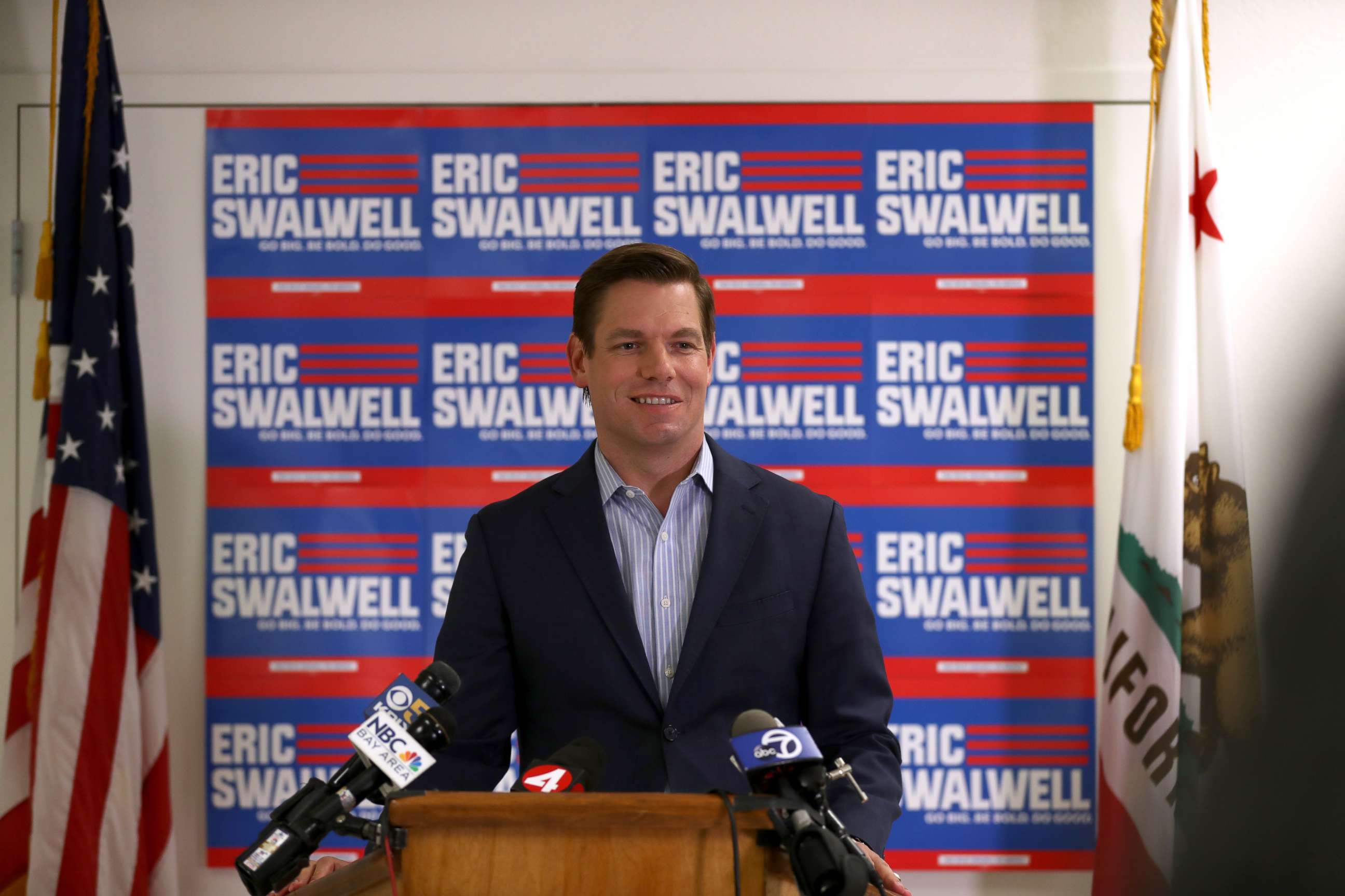 PHOTO: Democratic presidential candidate Rep. Eric Swalwell (D-CA) speaks during a press conference at his campaign headquarters where he announced that he is dropping out of the presidential race, July 8, 2019, in Dublin, Calif. 