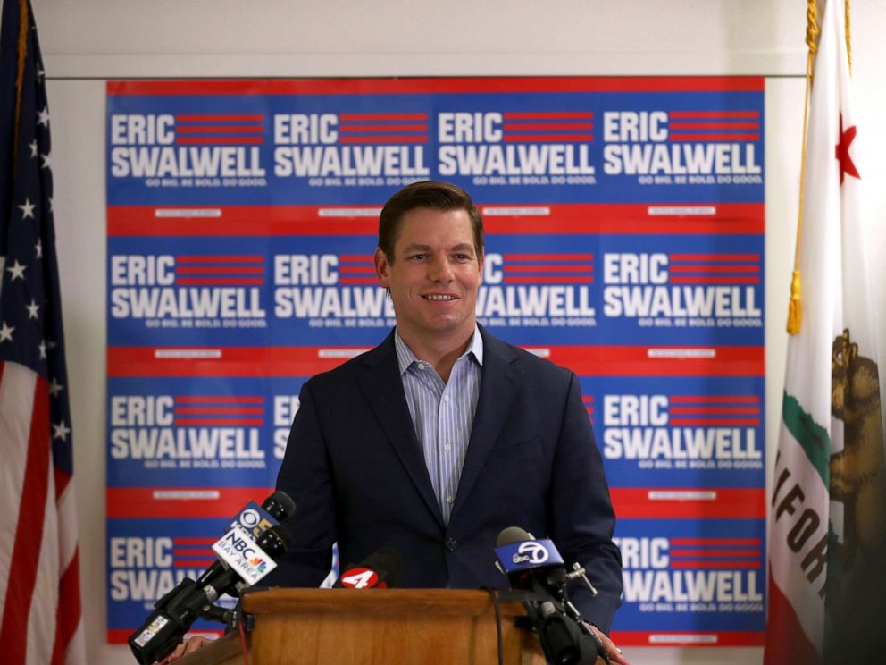 PHOTO: Democratic presidential candidate Rep. Eric Swalwell (D-CA) speaks during a press conference at his campaign headquarters where he announced that he is dropping out of the presidential race, July 8, 2019, in Dublin, Calif.