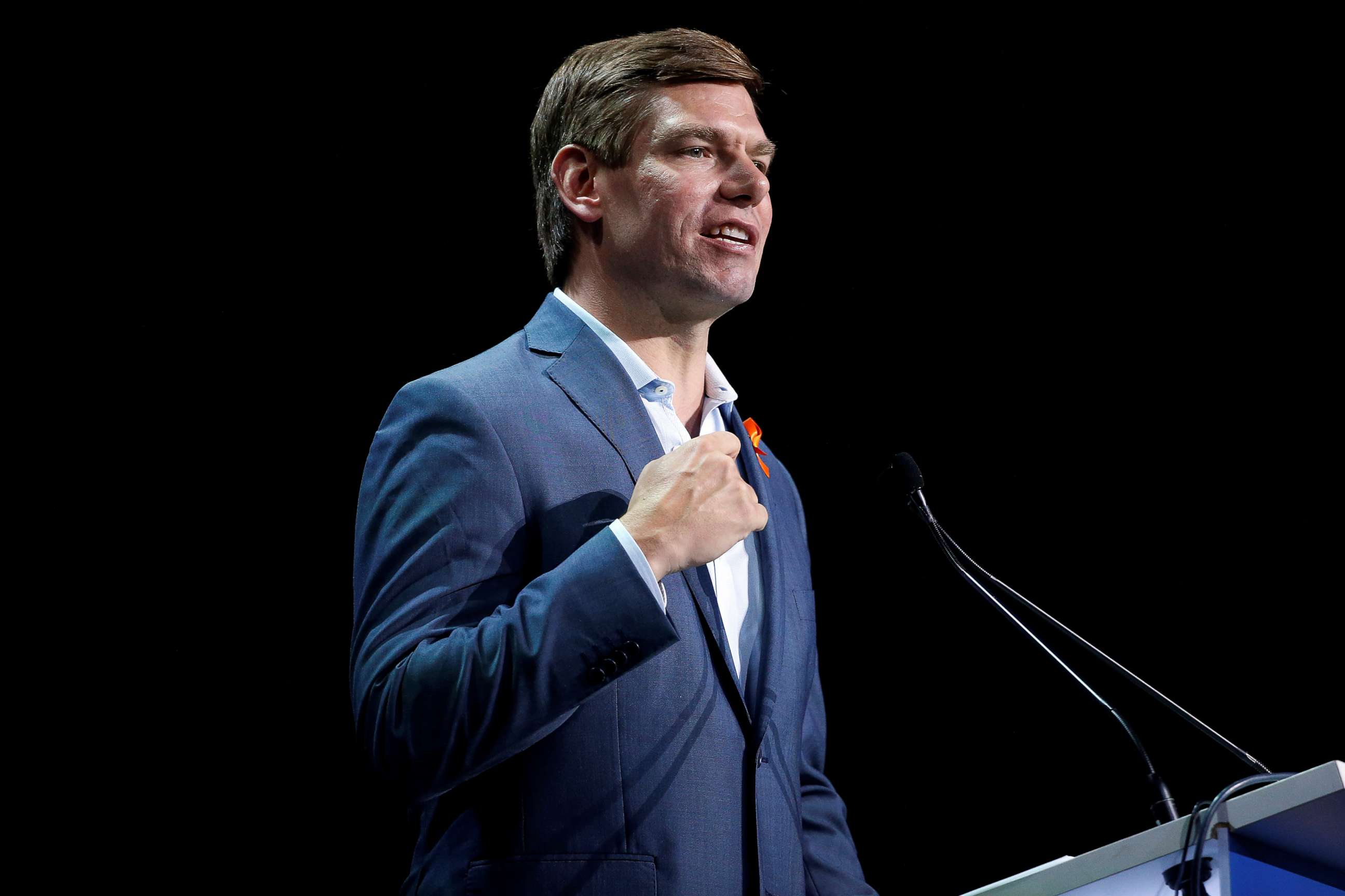 PHOTO: Democratic presidential candidate Rep. Eric Swalwell (D-CA) speaks during the California Democratic Convention in San Francisco, Calif., June 1, 2019. 