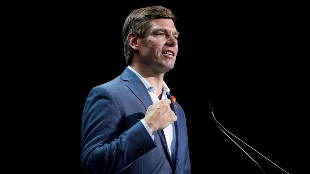 PHOTO: Democratic presidential candidate Rep. Eric Swalwell (D-CA) speaks during the California Democratic Convention in San Francisco, Calif., June 1, 2019. 