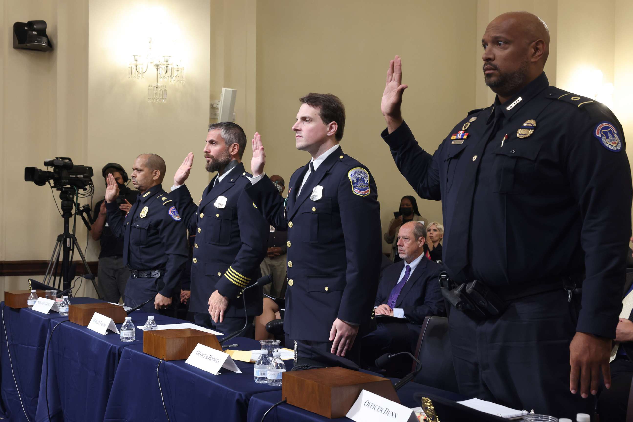 PHOTO: From left, officers Sgt. Aquilino Gonell, Michael Fanone, Daniel Hodges and Harry Dunn, are sworn in to testify before the House Select Committee investigating the January 6 attack on U.S. Capitol on July 27, 2021, in Washington, D.C.