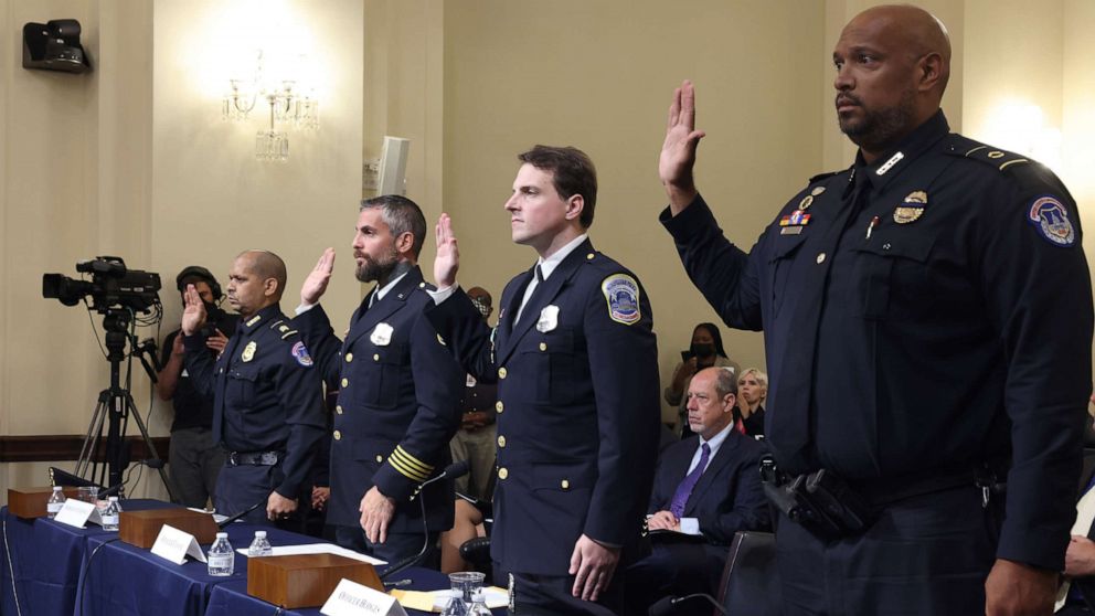 PHOTO: From left, officers Sgt. Aquilino Gonell, Michael Fanone, Daniel Hodges and Harry Dunn, are sworn in to testify before the House Select Committee investigating the January 6 attack on U.S. Capitol on July 27, 2021, in Washington, D.C.