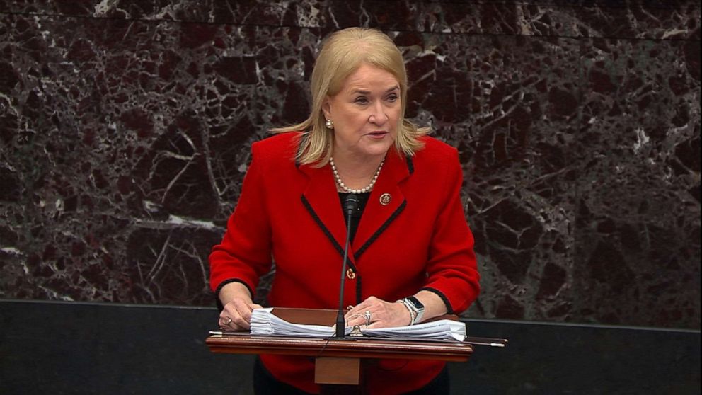 PHOTO: Sylvia Garcia speaks on the Senate floor during the impeachment trial of President Donald Trump, Jan. 23, 2020, in Washington, DC.