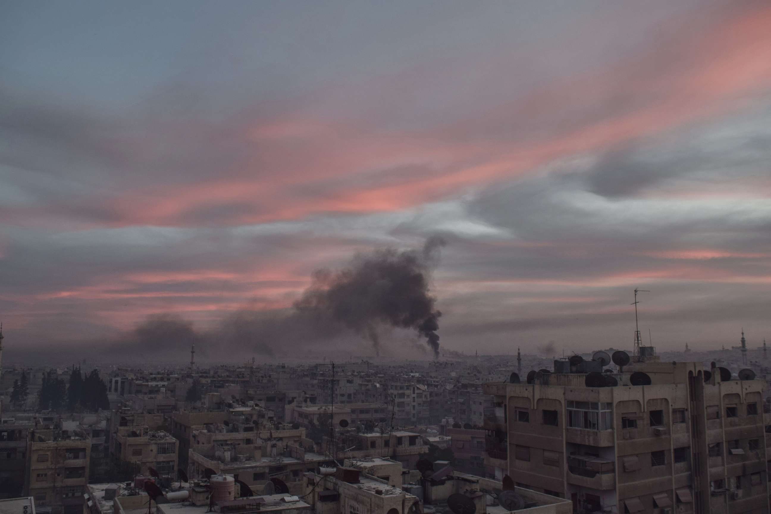 PHOTO: Smoke rises after Assad Regime carried out an airstrike at Duma in Eastern Ghouta in Damascus, Syria, April 7, 2018.