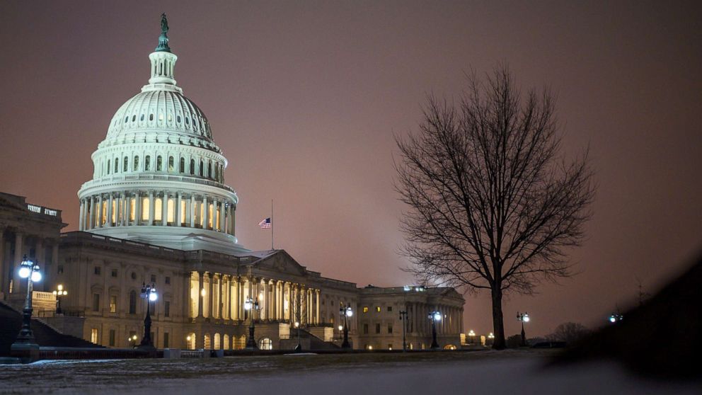 PHOTO: The Capitol is seen on a cold winter evening in Washington, DC, on Feb. 18, 2021.