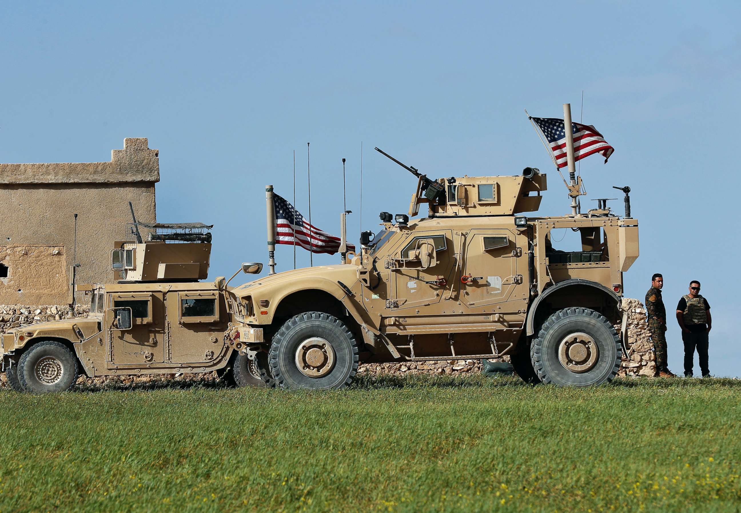 PHOTO: A U.S. humvee is pictured at a U.S. troop's outpost on a road leading to the tense front line between Syrian Manbij Military Council fighters and Turkish-backed fighters, March 29, 2018, at Halawanji village, north of Manbij town, Syria