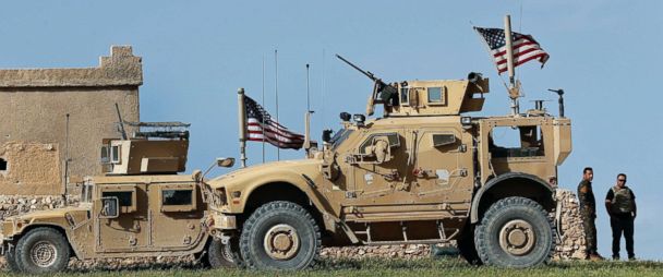 PHOTO: A U.S. humvee is pictured at a U.S. troops outpost on a road leading to the tense front line between Syrian Manbij Military Council fighters and Turkish-backed fighters, March 29, 2018, at Halawanji village, north of Manbij town, Syria