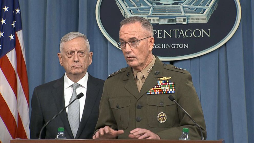 PHOTO: The Pentagon holds a briefing on situation in Syria after Trump announces airstrikes Friday evening, April 13, 2018.