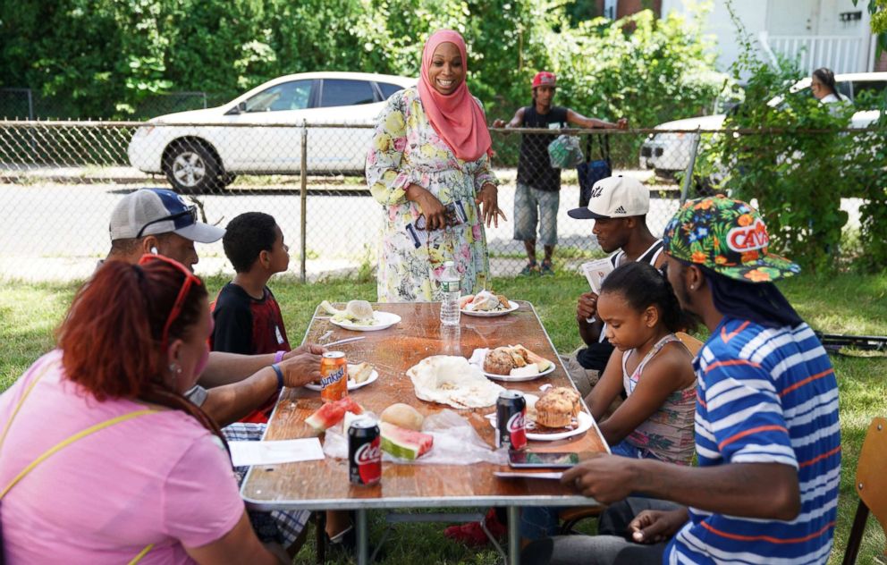 PHOTO: Tahirah Amatul-Wadud, who is running in the Democratic primary for U.S. Congress in Massachusetts, meets with people at a Mt. Zion Church event in Chicopee, Mass., July 21, 2018.