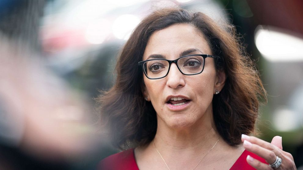 PHOTO: House of Representatives candidate Katie Arrington talks with members of the media  in Summerville, S.C., June 14, 2022.