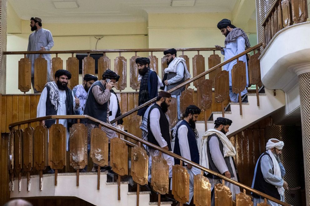 PHOTO: Taliban officials arrive at a news conference to announce an acting cabinet for the new Taliban government in Kabul, Afghanistan, Sept. 7, 2021.
