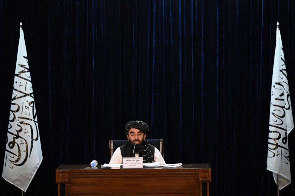 PHOTO: Taliban spokesman Zabihullah Mujahid addresses a press conference in Kabul, Afghanistan, Sept. 7, 2021.