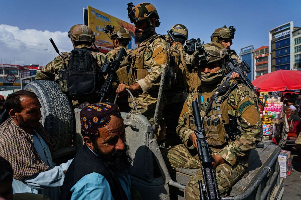 PHOTO: A protection detail for Khalil al-Rahman Haqqani, a leader of the Taliban affiliated Haqqani network, and a U.S.-designated terrorist with a five million dollar bounty, are seen in Kabul after his visit to the Pul-I-Khishti Mosque, Aug. 20, 2021.