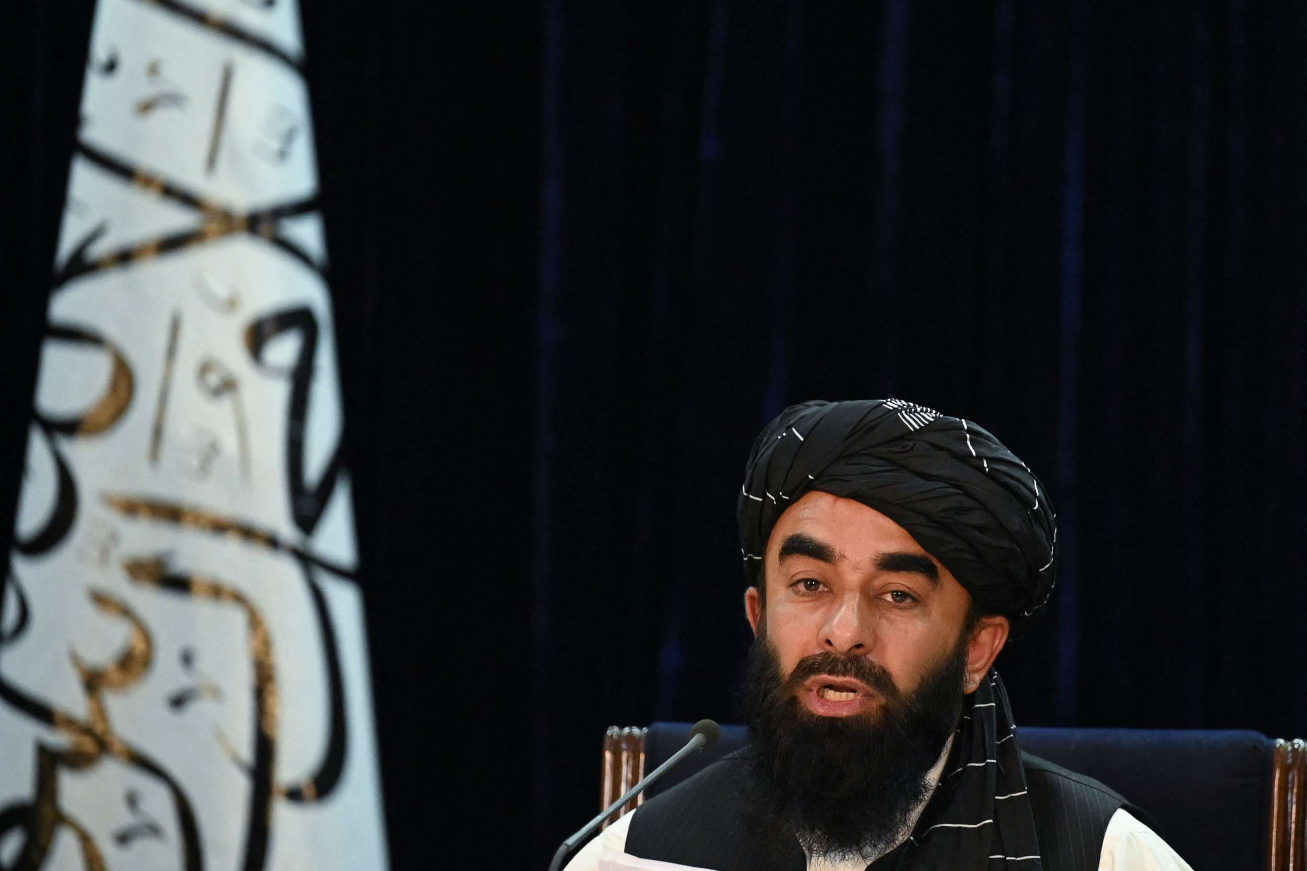 PHOTO: Taliban spokesman Zabihullah Mujahid speaks during a press conference in Kabul, Sept. 7, 2021.