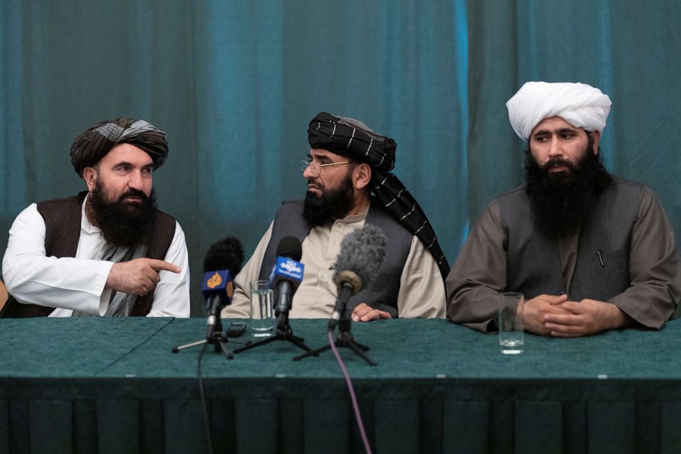 PHOTO: Members of the Taliban delegation; Herat Governor Khairullah Khairkhwa, negotiation team member Suhail Shaheen and spokesman for the Taliban's political office Mohammad Naeem attend a joint news conference in Moscow, March 19, 2021.