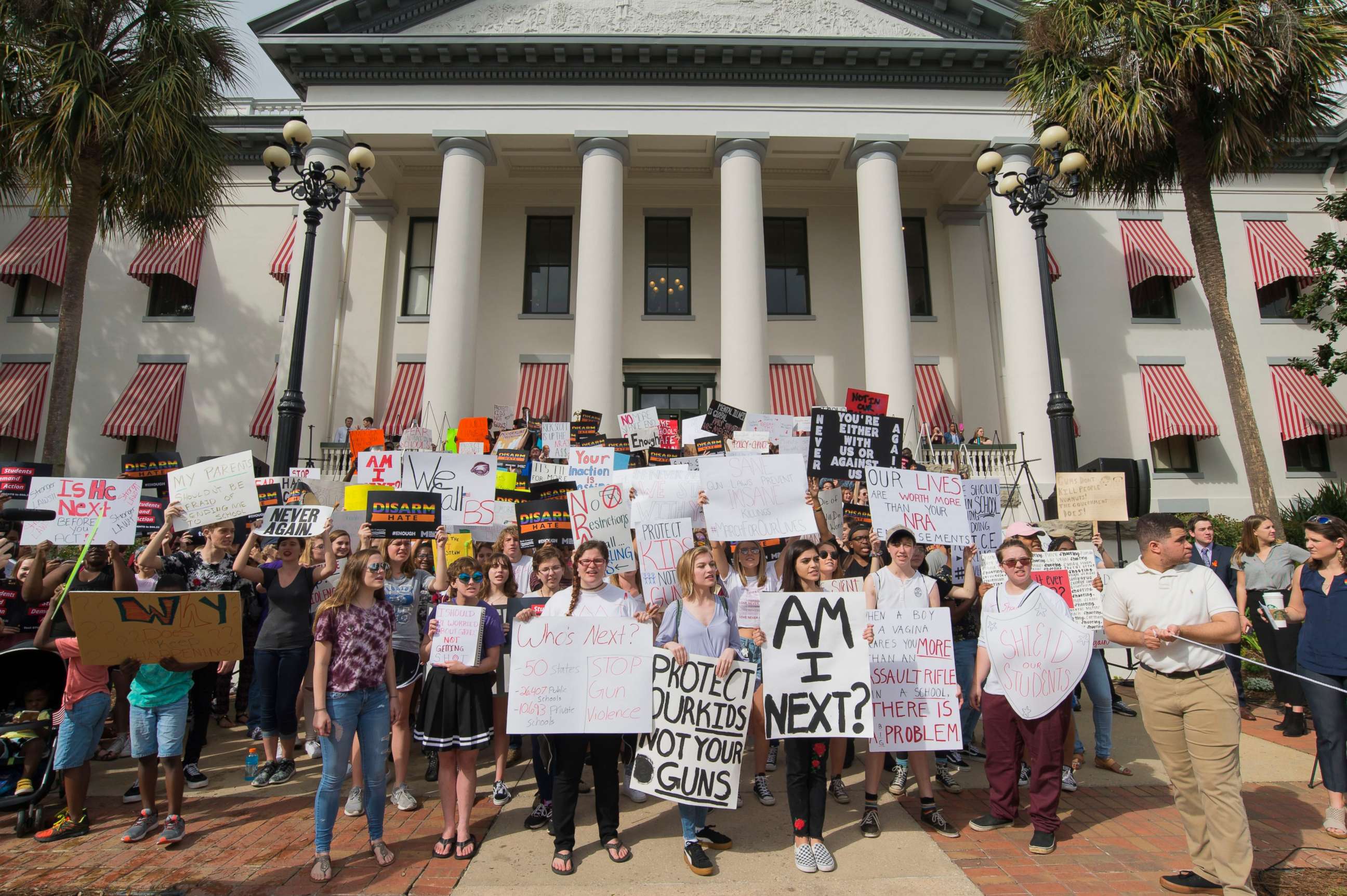 PHOTO: Protesters gather at the Florida state Capitol in Tallahassee on Feb. 21, 2018 to push for legislation regulating assault-style weapons and guns in general, after a shooting at Marjory Stoneman Douglas High School in Parkland, Fla.

