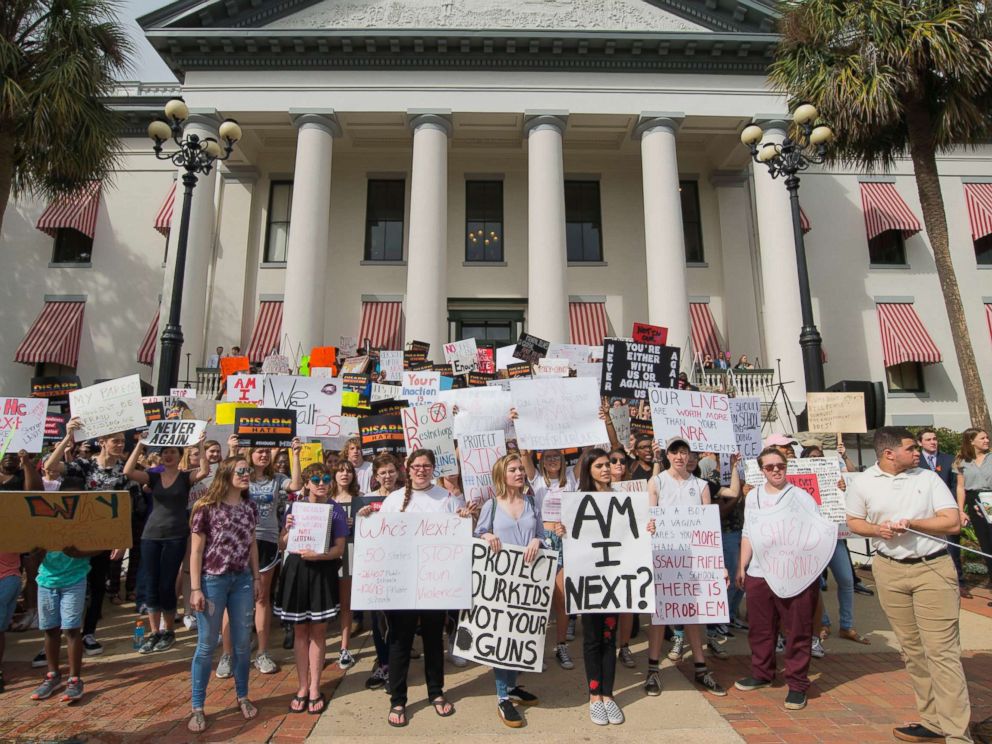 PHOTO: Protesters gather at the Florida state Capitol in Tallahassee on Feb. 21, 2018 to push for legislation regulating assault-style weapons and guns in general, after a shooting at Marjory Stoneman Douglas High School in Parkland, Fla.
<p itemprop=