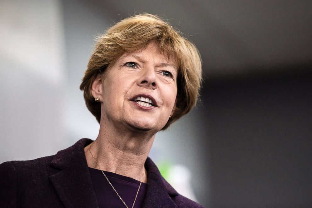 PHOTO: Tammy Baldwin, D-Wis., addresses supporters and workers at the Democratic Party of Rock County office in downtown Janesville, Wis. on Oct. 16, 2018.