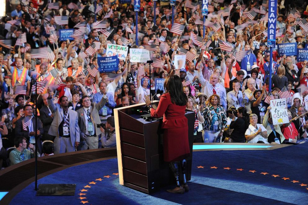 PHOTO: Director of the Department of Veterans Affairs, helicopter pilot and Iraq war veteran Tammy Duckworth addresses the Democratic National Convention 2008 at the Pepsi Center in Denver, Aug. 27, 2008.