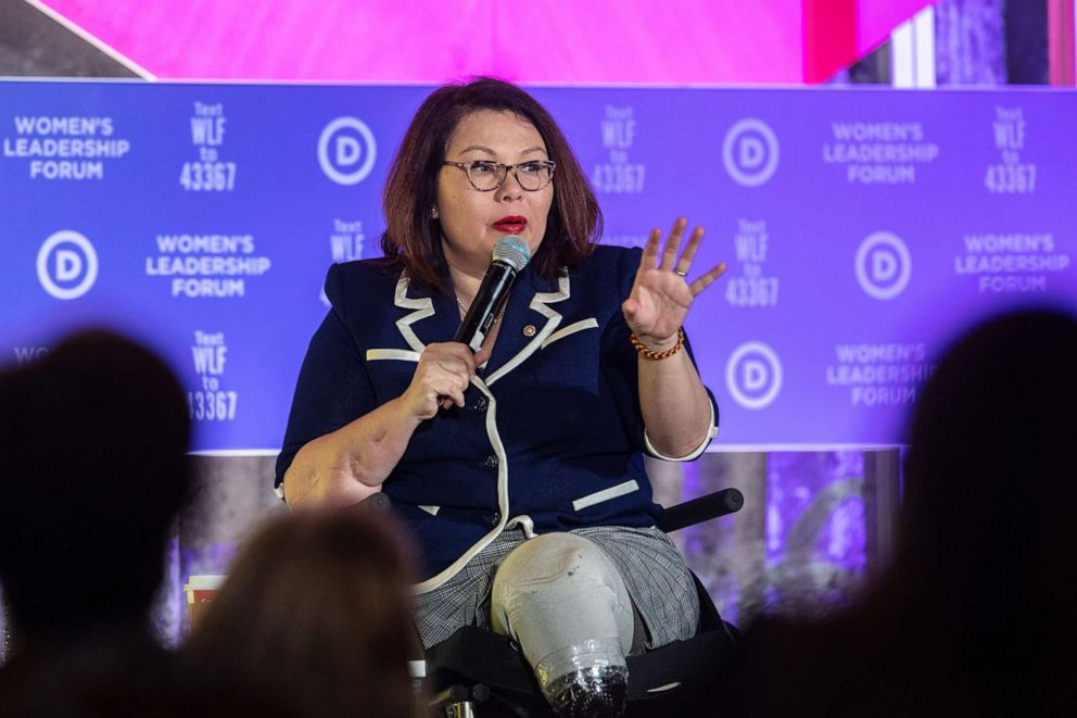 PHOTO: Sen. Tammy Duckworth speaks during the DNC Women's Leadership Forum conference in Washington, Oct. 17, 2019.